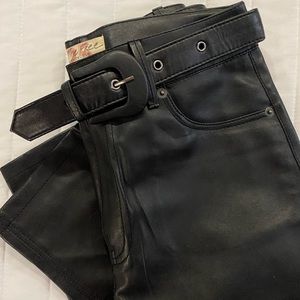 Belted black vegan leather pants